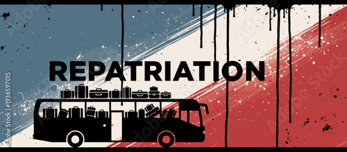 Repatriation concept with bus and luggage silhouette. Evacuation and refugee transport vector illustration. Grunge background design