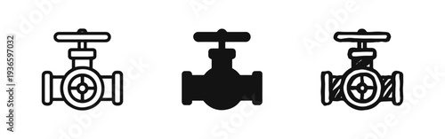Gate valve icon set in outline, solid, and hand-drawn styles. Industrial control and plumbing equipment.