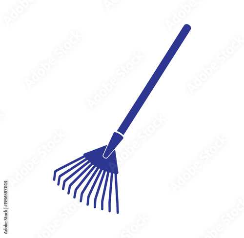 Blue garden rake with long handle and multiple tines for yard work and leaf collection