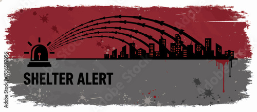 Shelter alert grunge banner with missile attack silhouettes. City skyline under bombardment vector illustration