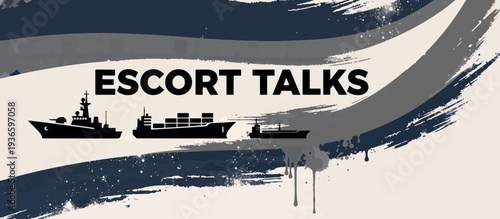 Naval escort talks grunge banner. Warship protecting cargo and tanker ships vector illustration