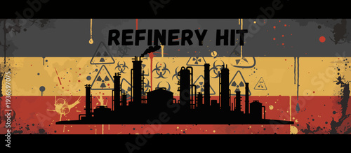Oil refinery silhouette on grunge German flag background. Industrial crisis and hazard concept. Vector illustration