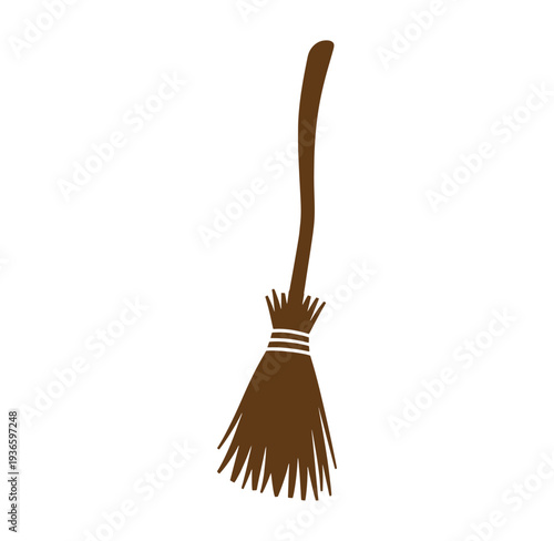 brown broom with white stripes on handle and bristles isolated on white background