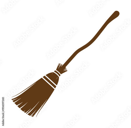 brown broom with white stripes on handle and head isolated on white background