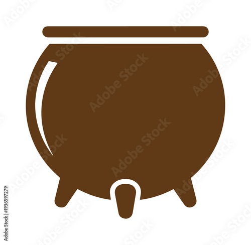 Brown cauldron with handle and three legs on white background