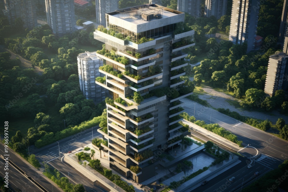 Fototapeta premium High rise building with lush greenery on balconies, representing sustainable urban living