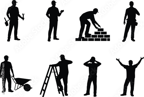 Construction worker and builder silhouettes set with bricklaying ladder tools 