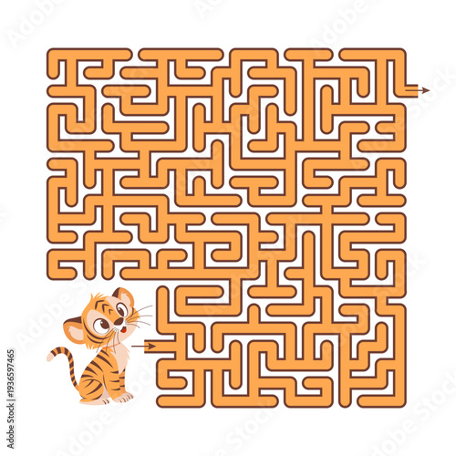 Vivid illustration of cheerful cartoon tiger supporting children in solving challenging maze puzzles