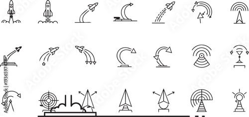 Space Rocket Launch and Exploration Outline Icons Set – Rocket Flight, Satellite Signal and Astronomy Line Icons