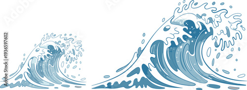 Large blue ocean water wave vector illustration with sea splashes for surfing and summer vacation design