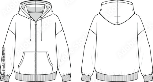 Full Zip Hoodie Oversized Technical Fashion Flat Sketch Vector Template with Front and Back View for Apparel Design Mockup
