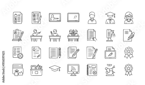 Minimal teacher and classroom thin line icon set for education and lesson planning