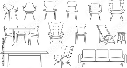 Collection of Modern Furniture Vector Line Art Featuring Mid Century Chairs Sofas Tables and Armchairs for Interior Design and Home Decor