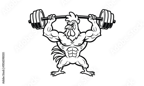 Muscular rooster mascot lifting heavy barbell weights gym illustration