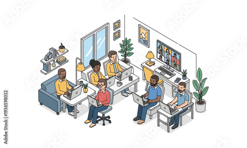 People collaborating remotely on laptops and video call in office