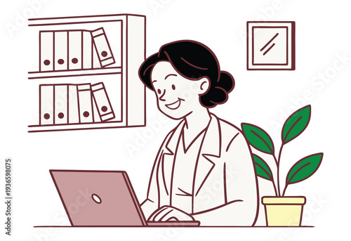 Happy Woman Working on Laptop at Home Office Desk