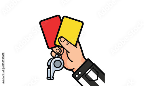 Referee hand holding red and yellow cards with whistle for sports game