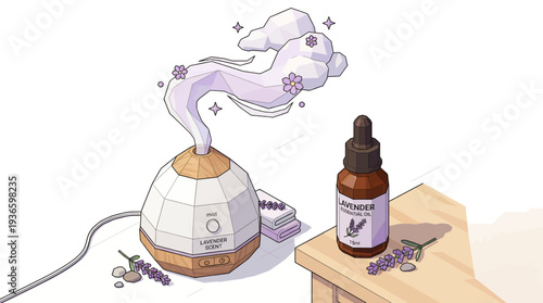 Aromatherapy diffuser with lavender essential oil and sprigs, creating a relaxing atmosphere