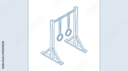 Gymnastic rings on a stand, isometric line drawing, gym equipment, fitness, sports, exercise, workout, strength training, balance