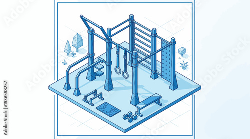 Isometric outdoor fitness equipment set, including pull-up bars, rings, bench, and weights, for healthy lifestyle and exercise
