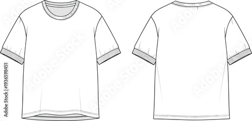 White Short Sleeve Crew Neck T-Shirt Technical Flat Sketch Vector Template with Ribbed Cuffs Front and Back View for Fashion Design