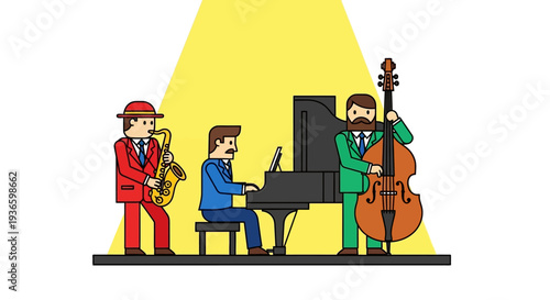 Musicians performing jazz music on a bright yellow stage with spotlight