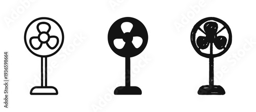 Stand fan or desk fan icon set for cooling, ventilation, summer, and home appliance themes.