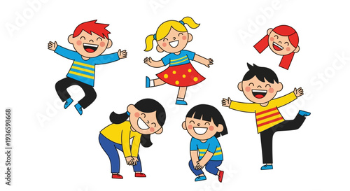 Children playing together in a lively scene, jumping and dancing with joy, showcasing friendship and happiness in a simple illustration