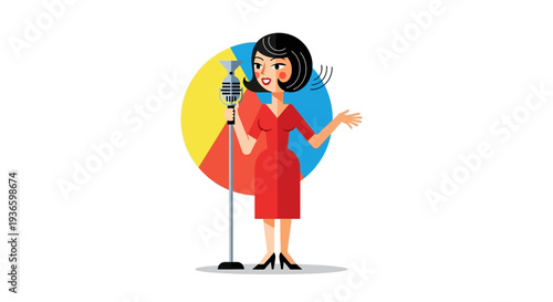 Woman in red dress speaking into microphone with confident gesture