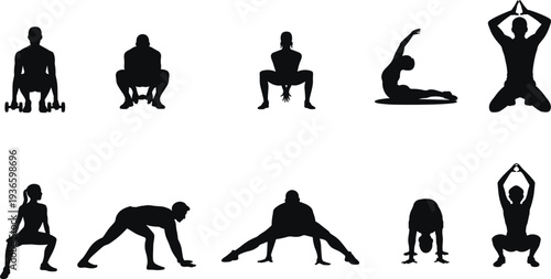 Fitness workout and yoga exercise silhouettes set with stretching squats training and meditation poses isolated on white background
