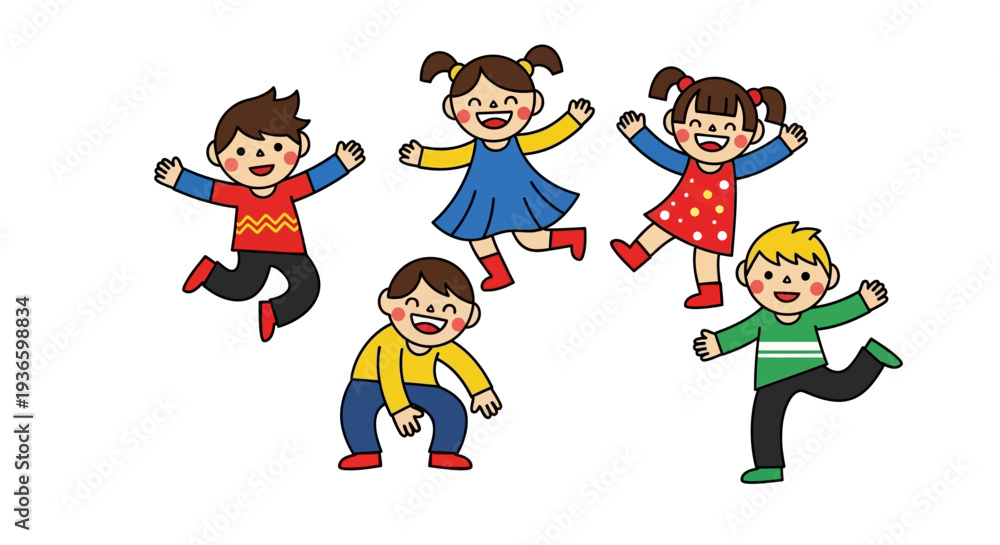 Naklejka premium Children Jumping and Playing Together in a Happy Scene Illustration