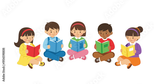 Diverse group of children sitting together reading books in a relaxed atmosphere