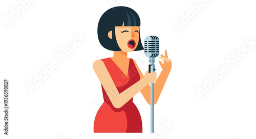 Singer in red dress performing into a vintage microphone at a concert venue