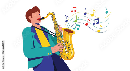 Man playing saxophone with musical notes emerging from instrument, showcasing his talent and passion for music in a lively scene.