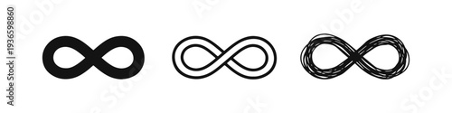 Infinity symbol icon set in solid, outline, and hand-drawn doodle style, representing endless and limitless concepts.