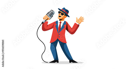 Illustration of a man singing into a microphone with a stylish pose and attire
