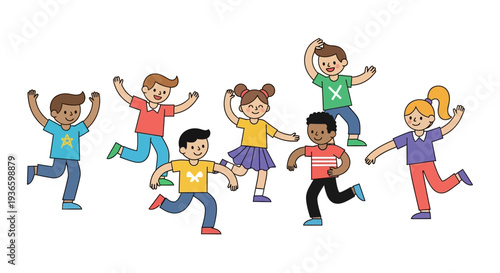 Children Running Together in a Joyful Atmosphere, Depicting Happiness and Energy, Viewed from the Front