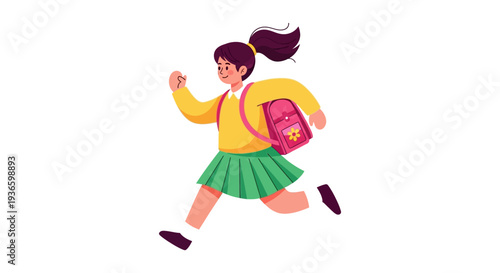 Young girl running with school bag cartoon illustration on plain background