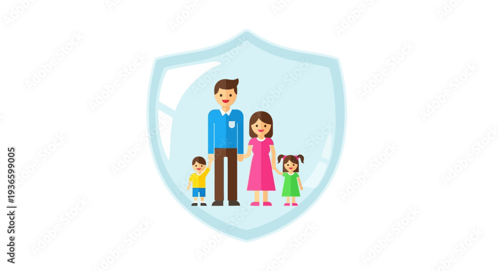 Fototapeta premium Family protection illustration featuring a shield with parents and children standing together in a safe environment viewed from the front