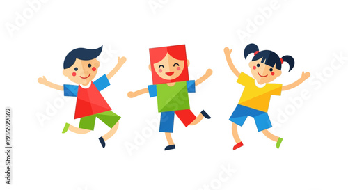 Children playing together, jumping with joy, in a lively illustration scene from a child's viewpoint