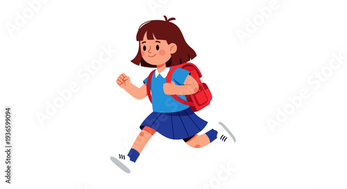 Young girl with red backpack running energetically in a cartoon illustration style