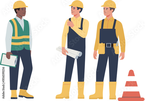 Diverse construction worker vector illustration with engineers and builders in safety vests and helmets at site