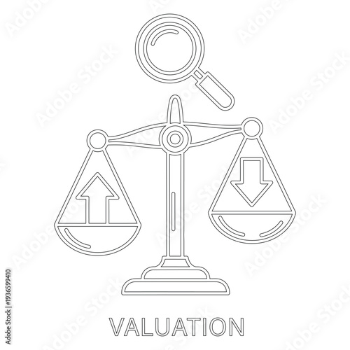 Black line of balance scale with magnifying glass and opposing arrows on plates with valuation text black lines