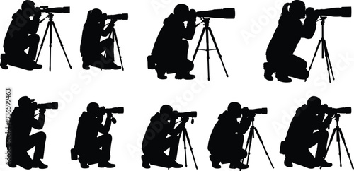 Photographer silhouettes set featuring men and women crouching with professional cameras, telephoto lenses, and tripods for wildlife, sports, and press journalism.