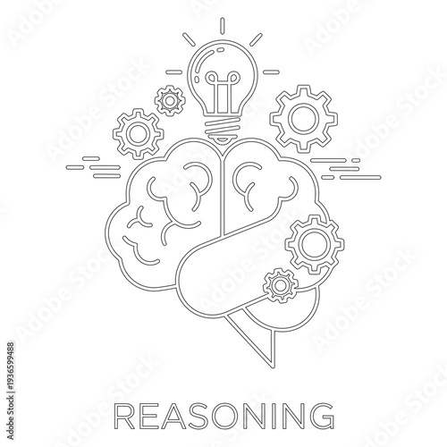 Black line of brain with lightbulb and gears representing reasoning and thinking
