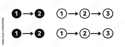 Step-by-step process icon set with numbers and arrows, in solid, outline, and hand-drawn doodle style.