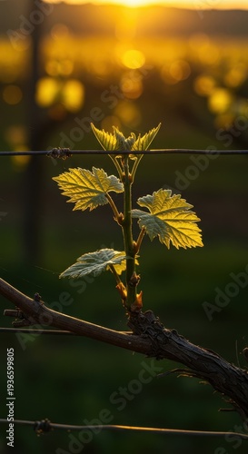 Golden light shines on delicate new green sprouts emerging from grapevines in the spring vineyard rows at dusk, signaling growth, landscape, serene, promising