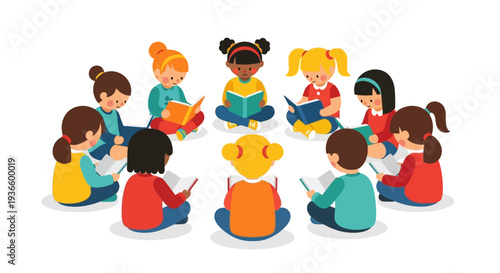 Group of children sitting in a circle engaged in various activities