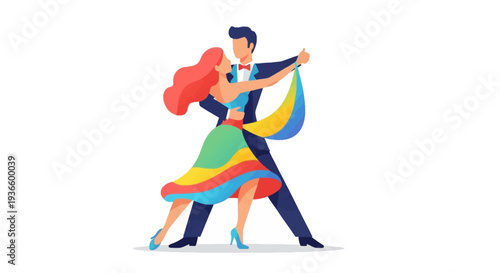 Couple dancing tango together, dynamic movement, vibrant costumes, energetic atmosphere, and joyful expression, Whisk illustration