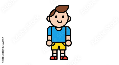 A young boy standing alone in a simple illustration of a person wearing casual clothes and red shoes